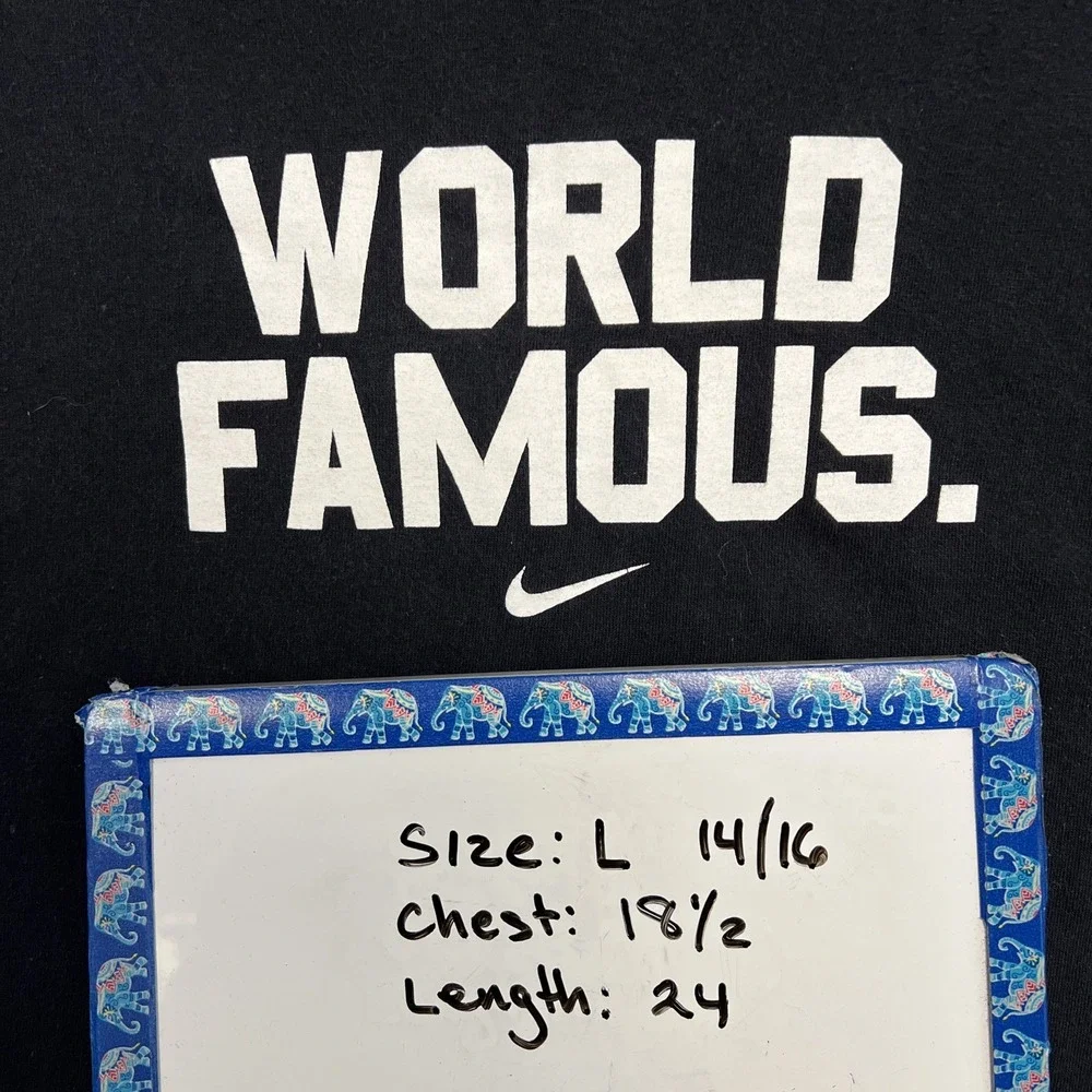 VTG Nike T Shirt Youth Size L Black Center Swoosh World Famous 2-Side Tee *Rare*